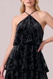Halter Black Tiered Velvet A-Line Long Formal Dress with Ruffles