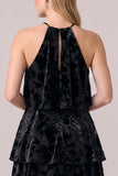 Halter Black Tiered Velvet A-Line Long Formal Dress with Ruffles