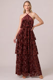 Halter Black Tiered Velvet A-Line Long Formal Dress with Ruffles