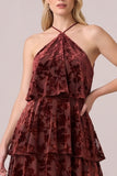 Halter Black Tiered Velvet A-Line Long Formal Dress with Ruffles
