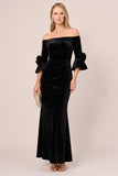 Black Off The Shoulder Ruched Velvet Sheath Long Formal Dress