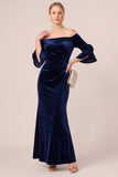 Black Off The Shoulder Ruched Velvet Sheath Long Formal Dress