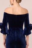 Black Off The Shoulder Ruched Velvet Sheath Long Formal Dress