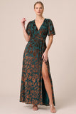 Floral Brown A-Line Velvet Short Sleeve Long Formal Dress with Slit
