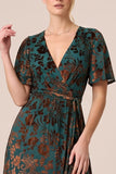 Floral Brown A-Line Velvet Short Sleeve Long Formal Dress with Slit