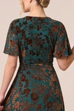 Floral Brown A-Line Velvet Short Sleeve Long Formal Dress with Slit