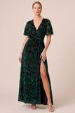 Floral Brown A-Line Velvet Short Sleeve Long Formal Dress with Slit