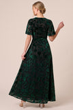 Floral Brown A-Line Velvet Short Sleeve Long Formal Dress with Slit