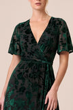 Floral Brown A-Line Velvet Short Sleeve Long Formal Dress with Slit