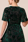 Floral Brown A-Line Velvet Short Sleeve Long Formal Dress with Slit