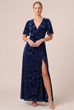 Floral Brown A-Line Velvet Short Sleeve Long Formal Dress with Slit