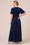 Floral Brown A-Line Velvet Short Sleeve Long Formal Dress with Slit