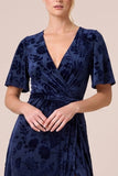 Floral Brown A-Line Velvet Short Sleeve Long Formal Dress with Slit