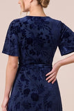 Floral Brown A-Line Velvet Short Sleeve Long Formal Dress with Slit