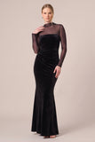 Mermaid Sheer Long Sleeve Black Velvet Ruched Formal Dress