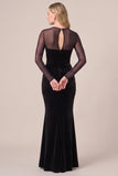 Mermaid Sheer Long Sleeve Black Velvet Ruched Formal Dress