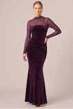 Mermaid Sheer Long Sleeve Black Velvet Ruched Formal Dress