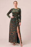 Floral A-Line Long Sleeve Brown Velvet Formal Dress with Slit
