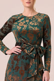 Floral A-Line Long Sleeve Brown Velvet Formal Dress with Slit