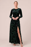 Floral A-Line Long Sleeve Brown Velvet Formal Dress with Slit