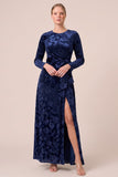 Floral A-Line Long Sleeve Brown Velvet Formal Dress with Slit