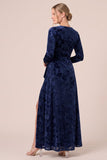 Floral A-Line Long Sleeve Brown Velvet Formal Dress with Slit