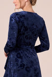 Floral A-Line Long Sleeve Brown Velvet Formal Dress with Slit