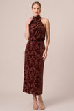 Halter Ruched Brown Burnout Velvet Sheath Long Formal Dress