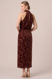 Halter Ruched Brown Burnout Velvet Sheath Long Formal Dress