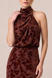 Halter Ruched Brown Burnout Velvet Sheath Long Formal Dress