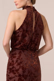 Halter Ruched Brown Burnout Velvet Sheath Long Formal Dress