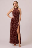 Halter Burnout Velvet Sheath Brown Long Formal Dress with Slit