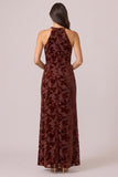 Halter Burnout Velvet Sheath Brown Long Formal Dress with Slit