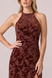 Halter Burnout Velvet Sheath Brown Long Formal Dress with Slit