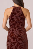Halter Burnout Velvet Sheath Brown Long Formal Dress with Slit