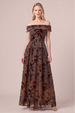 Off The Shoulder Brown Floral Velvet A-Line Maxi Formal Dress