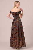 Off The Shoulder Brown Floral Velvet A-Line Maxi Formal Dress