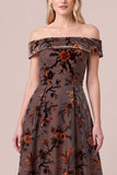 Off The Shoulder Brown Floral Velvet A-Line Maxi Formal Dress