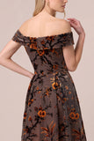 Off The Shoulder Brown Floral Velvet A-Line Maxi Formal Dress