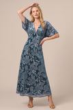 Blue V-Neck Floral A-Line Long Formal Dress