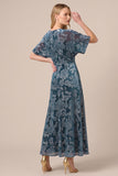 Blue V-Neck Floral A-Line Long Formal Dress