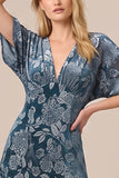 Blue V-Neck Floral A-Line Long Formal Dress