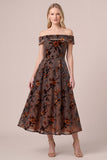 Brown Off The Shoulder Floral A-Line Midi Velvet Dress