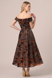 Brown Off The Shoulder Floral A-Line Midi Velvet Dress