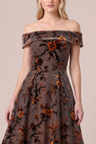 Brown Off The Shoulder Floral A-Line Midi Velvet Dress