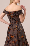 Brown Off The Shoulder Floral A-Line Midi Velvet Dress