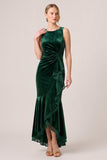 Dark Green Mermaid Round Neck Ruched High-Low Velvet Dress