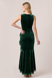 Dark Green Mermaid Round Neck Ruched High-Low Velvet Dress