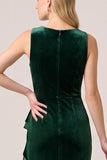 Dark Green Mermaid Round Neck Ruched High-Low Velvet Dress