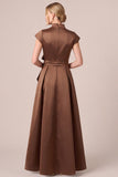 A-Line Satin Cap Sleeve Brown Long Mother Of The Bride Dress